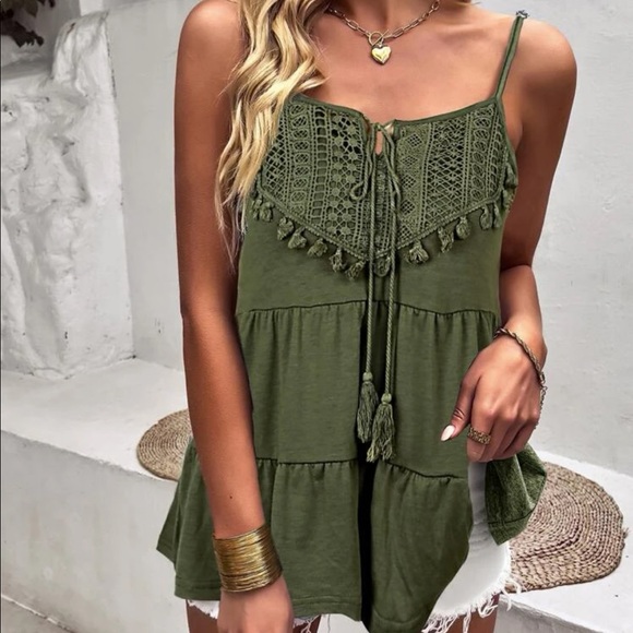 Boho Grey Tassel Tie Casual Ruffle Hem Tank Top LAST PACK - Picture 10 of 16